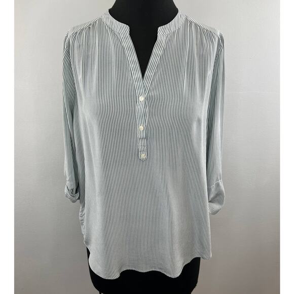 CLOSED White Gray Striped Silk 3/4 Sleeve Split V-Neck Popover Blouse M XL $350 - Picture 1 of 6